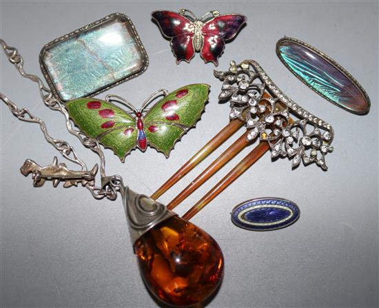 Assorted silver and enamel brooches and a silver crop amber pendant
